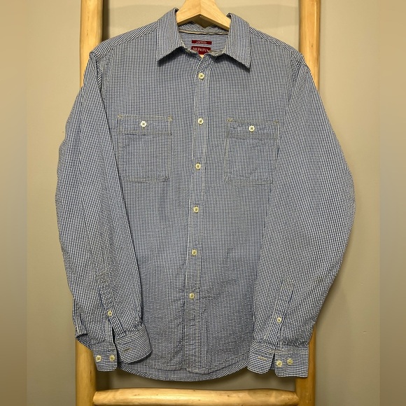 Merona Medium Tailored Fit blue white gingham button down long sleeve - Picture 1 of 5